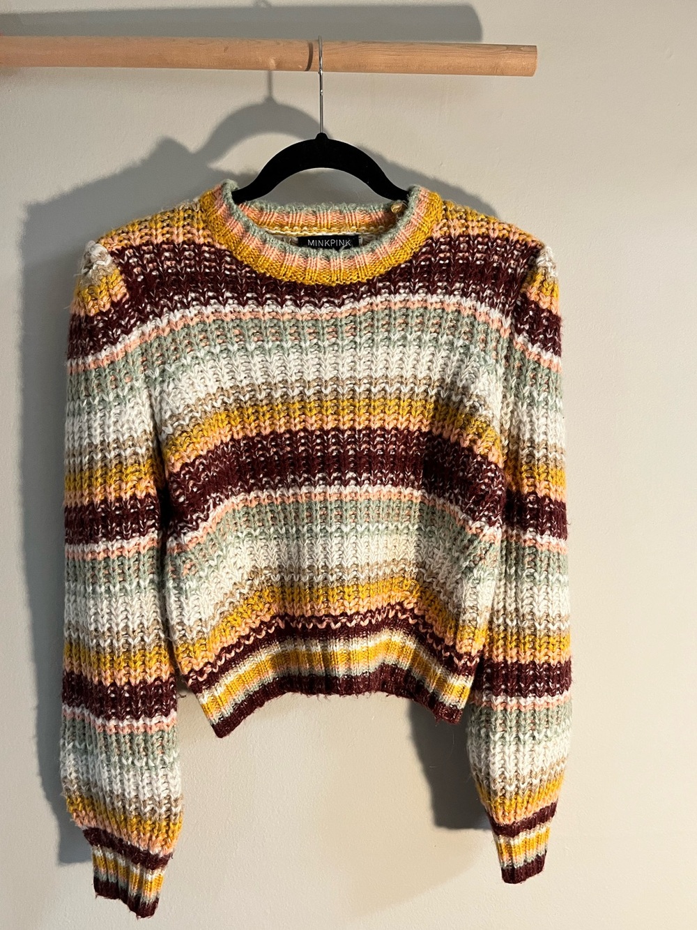 MINKPINK Striped Chunky Knit Crew Sweater in Cream, Mustard & Burgundy